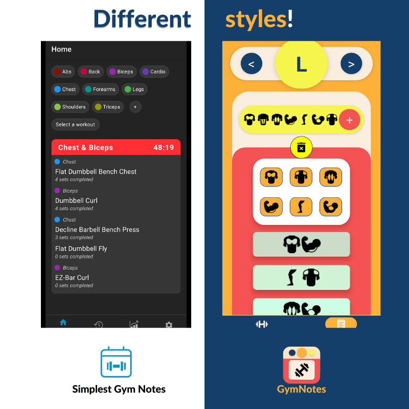 Comparación de estilos de diseño entre la aplicación GymNotes y la aplicación Simplest Gym Notes